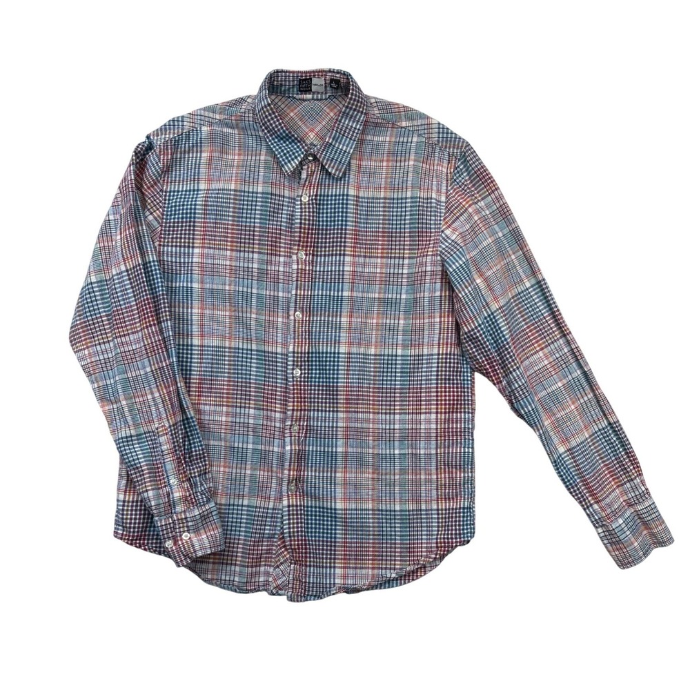 Saks‎ Fifth Avenue Shirt Mens L Multicolor Plaid Linen Cotton Button Down LS